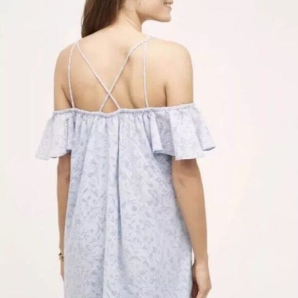 Anthropologie HD Paris Dayflower Mini Dress Off Shoulder Blue White - Picture 2 of 12